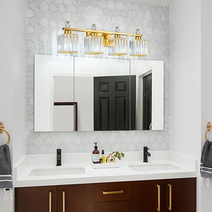 FDPBY Vanity Lights 4-Light Modern Crystal Vanity Light Gold Bathroom Light Fixtures Over Mirror Crystal Bathroom Vanity Lighting Fixtures