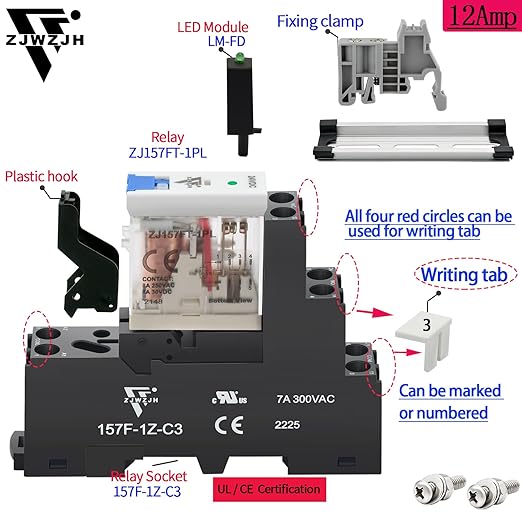 ZJWZJH 12 Amp Power Relay Switch 12V DC Relay Coil, 5 Pin SPDT 1NO 1NC with Test Button, LED Module Light, Socket Base, DIN Rail, UL Certification (5 Pin- 12A, DC 12V)
