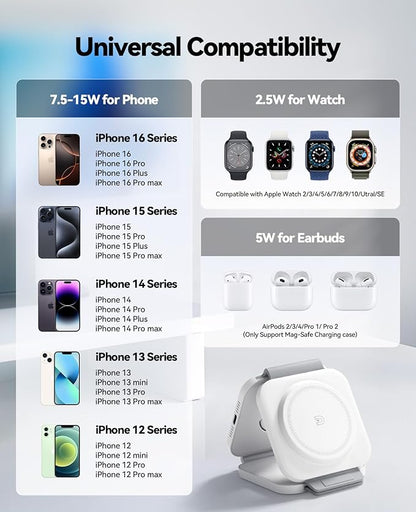 3 in 1 Charging Station for Apple Multiple Devices, Foldable Magnetic Fast Wireless Charger Dock, Travel Charging Pad for iPhone 16 15 14 13 12 Pro Max Plus Apple Watch Series & AirPods 4/3/2/Pro