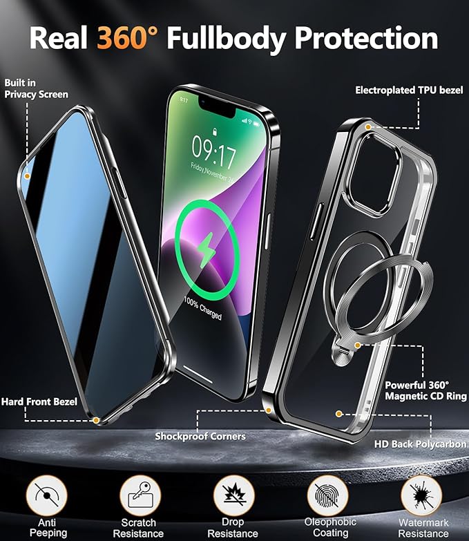 [360° Rotatable CD Stand & Built-in Privacy Screen Magnetic Case for iPhone 14 [Compatible with MagSafe & Full Signal] Mil-Grade Shockproof Full Body Anti-Spy Cover for 14-Black