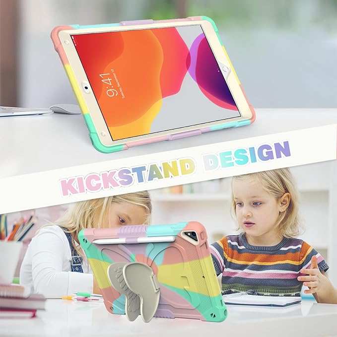 BLOSOMEET Pink Kids Case for iPad 9th/8th/7th Generation 2021/2020/2019 10.2 Inch with Tempered Glass Screen Protector & Butterfly Stand Cover for iPad 10.2 with Shoulder Strap Pencil Holder