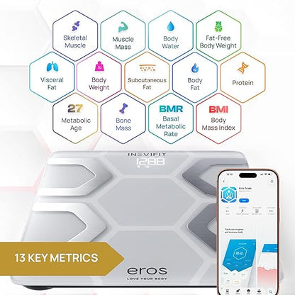 INEVIFIT EROS Bluetooth Body Fat Scale Smart BMI Highly Accurate Digital Bathroom Body Composition Analyzer with Wireless Smartphone APP 400 lbs 11.8 x 11.8 inch (White)