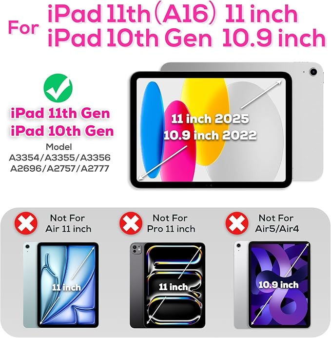 BLOSOMEET Case for iPad A16 11th/10th Generation 11''/10.9'' 2025/2022 with Tempered Glass Screen Protector, Protective Kids Cover with Stand Hand Grip Shoulder Strap, Rosered