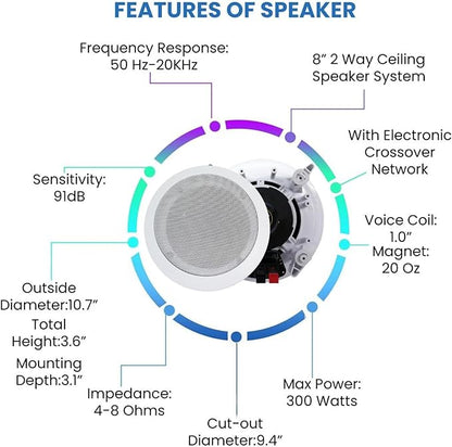 Home Stereo System Kit – 7.2 Channel 2500 W Bluetooth Amplifier w/ 4 Qty of 8” Framed Ceiling Speakers 300 W Each, Mic, 200 ft Speaker Wire & Remote Ideal for Home, Office, Restaurant by Vaiyer