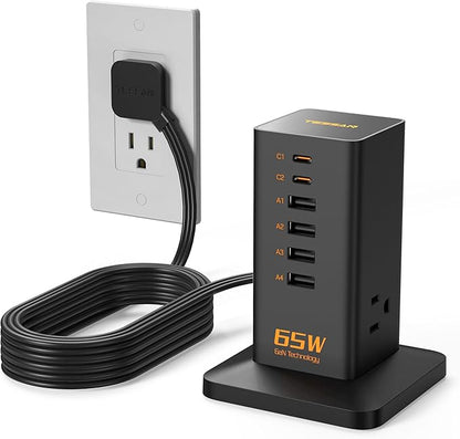 USB Charging Station for Multiple Devices 10Ft Cord, TESSAN 9-in-1 USB C Charger Block PD 65W for iPhone 17/16, MacBook, Tablet, Type C Desktop Charger with 3 AC, Home Travel Office Accessories