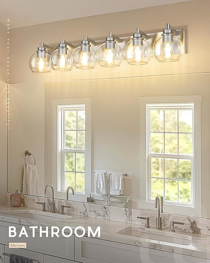 METWET Bathroom Light Fixtures, 6 Light Brushed Nickel Vanity Light, 38 Inch Modern Wall Sconces with Globe Clear Glass Shade, Vanity Lighting Fixtures Over Mirror, VL195-BN-6