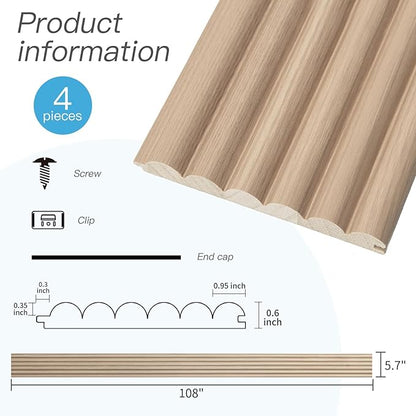 Art3d Fluted Wood Panel for Wall and Ceiling, Beaded Accent molding for Home Decoration, Pack of 4pcs + 1pc End-Trim, Size 108 x 5.7in.- Beaded Ashtree