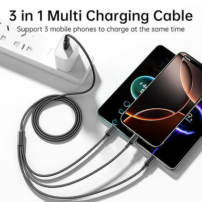 Multi USB Charging Cable 3A, (2Pack 6.6FT)3 in 1 Fast Charger Cord Connector with Dual Phone/Type C/Micro USB Port Adapter, Compatible with Tablets Phone 12 11 Pro 8 7 6 Samsung Galaxy(Charging Only)