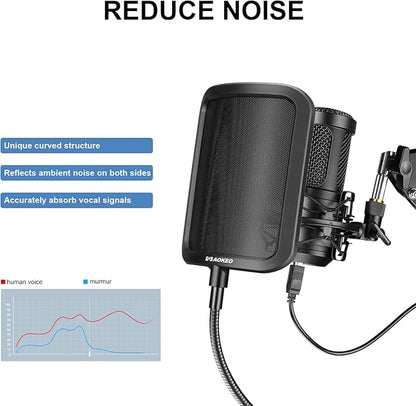 Aokeo Metal Pop Filter,Metal Mesh Layer Microphone Windscreen for Hyperx QuadCast, Blue Yeti and Other Mics,Pop Shield with Flexible 360° Gooseneck Clip Stabilization Arm
