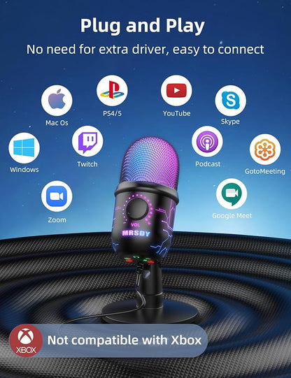 USB Microphone for PC, Mac, PS4, PS5, RGB Computer Microphone with Monitor, Mute and Noise Reduction, Great for Recording, Streaming, Gaming, Podcasting