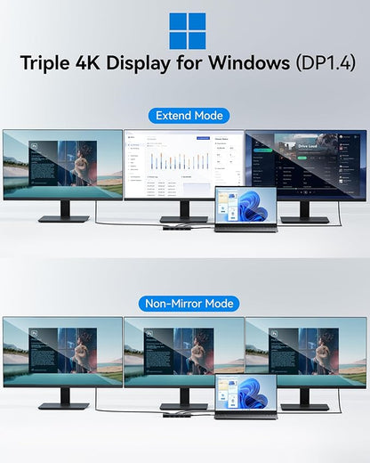 USB C Docking Station Dual Monitor, Selore Docking Station 3 Monitors Triple 4K Display with 2 HDMI, DisplayPort, 1 Gbps Ethernet, 100W PD Charging, USB 3.0 Ports Adapter for Dell, HP, etc(Black)