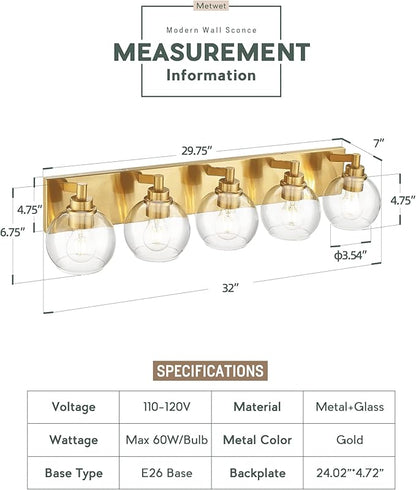 METWET Bathroom Light Fixtures, 5 Light Brushed Gold Vanity Light, 32 Inch Modern Wall Sconces with Globe Clear Glass Shade, Vanity Lighting Fixtures Over Mirror, VL195-BG-CL-5