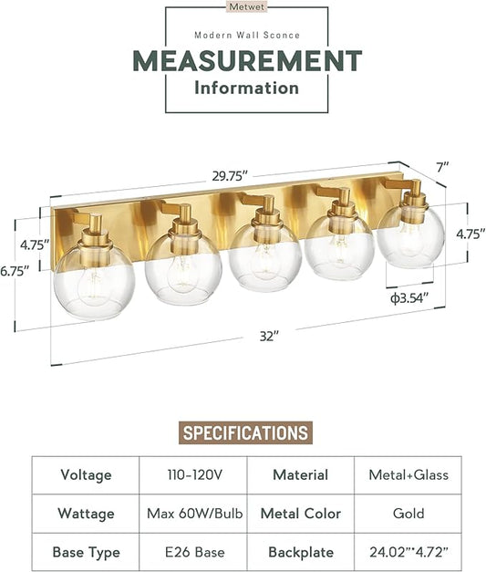 METWET Bathroom Light Fixtures, 5 Light Brushed Gold Vanity Light, 32 Inch Modern Wall Sconces with Globe Clear Glass Shade, Vanity Lighting Fixtures Over Mirror, VL195-BG-CL-5