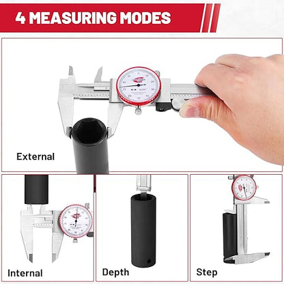 Standard Gage 0-6" Range SAE Dial Caliper Measuring Tool, Analog Precision Micrometer Caliper ±0.001" Accuracy, Manual Mechanical Metal Stainless Steel Measuring Dial with 4-Way Measurements