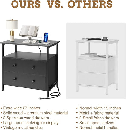 Edbuosy 27 inch Wide Night Stand with Charging Station, Bedside Table with Open Shelf, 2 Drawers Small Wood Dresser, Modern Wood Nightstand for Bedroom/Living Room (Black)