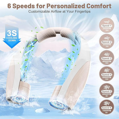 AI Portable Neck Fan with 6 Powerful Speeds, 8000mAh Battery Operated USB-C Rechargeable Fan, Hands-Free 360° Cooling Neck Fan,Twistable,Ultra-Quiet Personal Fan for Women Men Office Travel(Champagne)