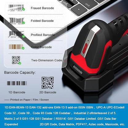 Symcode 2D QR Industrial Barcode Scanner with Wireless Charging Stand, Rugged Heavy Duty 2000 Feet Transmission Distance 433Mhz 2-in-1 Bluetooth & Wireless Hands-Free Barcode Reader for Laptop Tablet