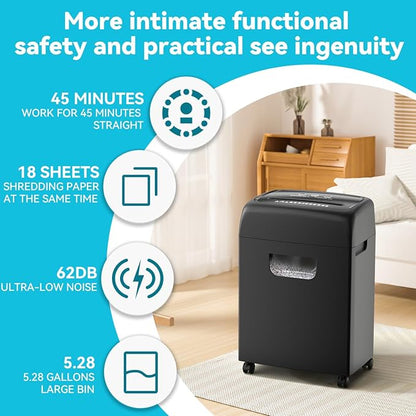 Paper Shredder,18-Sheet High Security Level P-4 Heavy Duty Paper/Card Shredder for Home Office Black Ultra-Quiet Use Essential