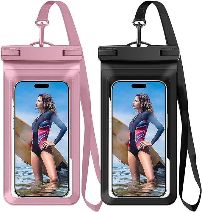 Universal Waterproof Phone Case,with Inside Card Pack,Large Dry Bag Up to 8.3",Compatible with iPhone 16 15 14 13 Pro Max, IPX8 Cellphone Travel Beach Essentials for Beach, 2 Pack-Black &Pink