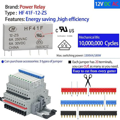 ZJWZJH Miniature Power Relay 12V DC/AC HF41F/12-ZS 5 Pin 1NO 1NC 6A SPDT, Socket Base with LED Indicator 41F-1Z-C2, with DIN Rail, 3Pcs Electromechanical Relays