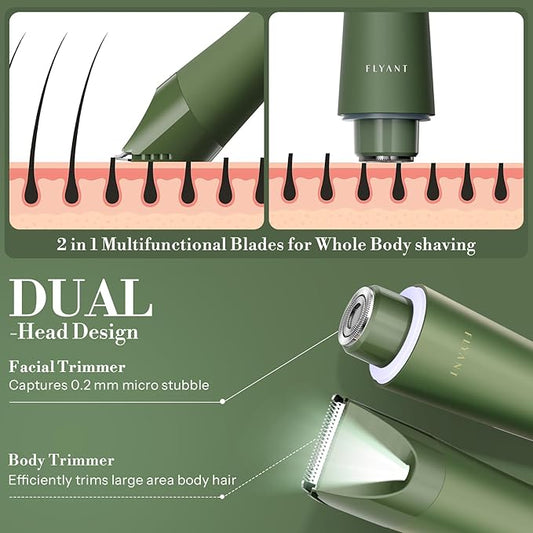 Bikini Trimmer for Women, Flyant 2 in 1 Electric Shaver for Women, Pubic Hair Trimmer Waterproof IPX7 with LED, Bikini Razor for Leg Arm Underarm Bikini Area, Christmas Gifts for Her - Dark Green