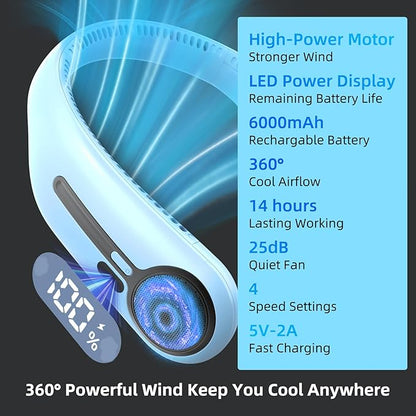 Kinhowly Portable Neck Fan,Hands Free Personal Wearable Bladeless Fan,6000mAh USB Rechargeable,360° Cooling,LED Display,4-Speeds,Birthday Gifts for Men Women Dad Mom,Valentines Day Gifts (Light blue)
