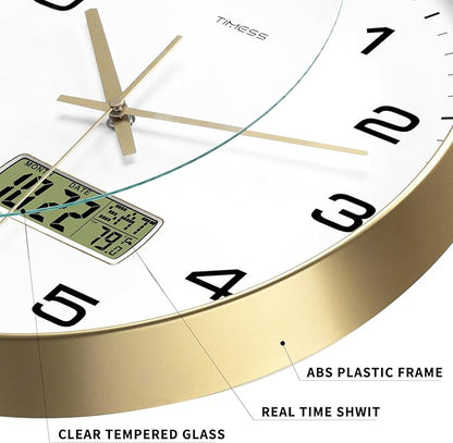TIMESS Wall Clock, 14" Large Dial Non-Ticking Silent Battery Operated Analog with LCD Display for Perpetual Calendar and F° Temperature, Ideal Modern Home, Bedroom, Office Decor (Gold)