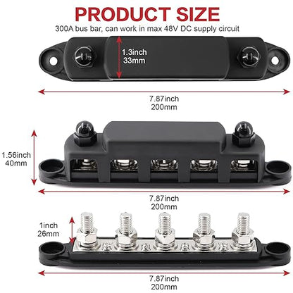 Tuijodaix 300A Bus Bar 5 Post 12V-48V DC Power Distribution Block,5 * 3/8"(M10) Battery Terminal Studs with Cover and Wire Lugs for Wiring,Automotive,Marine,Battery busbar (Red&Black)