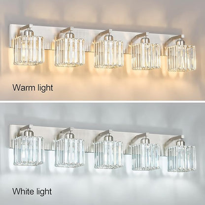 FDPBY Modern Vanity Light 5-Lights Brushed Nickel Vanity Light Crystal Bathroom Wall Light Bathroom Light Fixtures