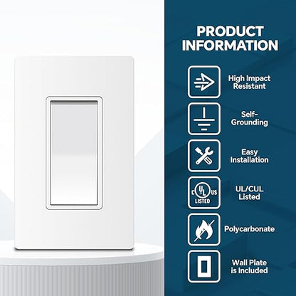 ThunderWay 3 Way Matte White Light Switch with Cover Plate, 15A 120/277 V Three Way Decorative Paddle Switches, Self-Grounding, Residential and Commercial Grade, UL Listed, 20 Pack