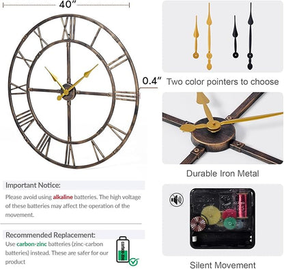 Ohweog Large Wall Clock for Living Room Decor – 40 Inch Silent Non-Ticking Modern Farmhouse Wall Clock, Oversized Decorative Metal Roman Numeral Clock, Bronze