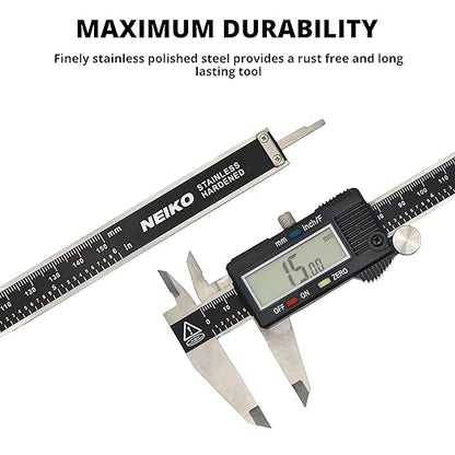 NEIKO 01407A Electronic Digital Caliper Measuring Tool, 0 - 6 Inches Stainless Steel Construction with Large LCD Screen Quick Change Button for Inch Fraction Millimeter Conversions, Digital Caliper Measuring Tool