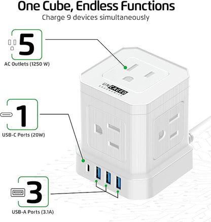Cube Power Strips with Surge Protection, 6ft Extension Cord with Multiple Outlets, 5 Ac Plugs, 3 USB, 1 Usbc Fast Charging Power Strip with USB Ports, Mountable On/Off Switch Charging Station