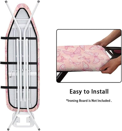 ZCFYGDX Breathable Ironing Board Cover Decor, Resist Scorching & Staining, 17x49 Wear & Soil Resistant Covers, Elastic Edges,3 Fasteners,Anti-Scorch Polyester Butterfly Pattern Pink Print