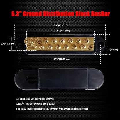 1/4" Stud Power Distribution Block Bus Bar with 12 x #8 Screws, Ampper 5.3" 12V 150A Marine BusBar Brass Battery Distribution Block W/Cover for Car Boat Solar (Black)