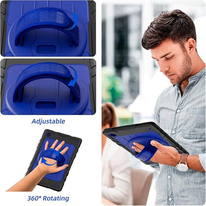 for Samsung Galaxy Tablet A8 Case 10.5 inch 2022 SM-X200/X205/X207 with Screen Protector [360 Rotating Stand] &Hand Shoulder Strap Shockproof Rugged Protective Cover|Black&Blue
