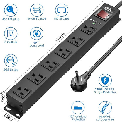 CRST 2Pack 6 Outlet Heavy Duty Power Strip with Switch, 15A/1875W Metal Mountable Power Strip Surge Protector 2100Joules, Wide Spaced Power Bar for Garage Workshop Home School, 6 FT Cord(Black)