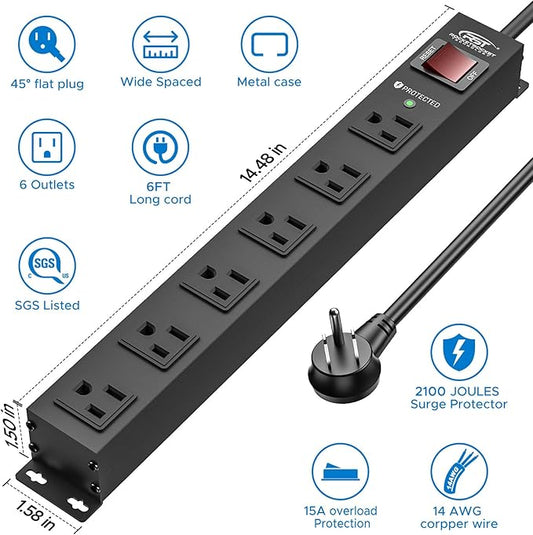 CRST 2Pack 6 Outlet Heavy Duty Power Strip with Switch, 15A/1875W Metal Mountable Power Strip Surge Protector 2100Joules, Wide Spaced Power Bar for Garage Workshop Home School, 6 FT Cord(Black)