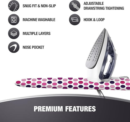 COTTY HOME Extra Thick Ironing Board Covers with Pad Standard Size 15x54, Snug Fit Adjustable Drawstring Tightening with Stopper, Heat Reflective Coating, Nose Pocket and Fastener Straps, Polka Dots