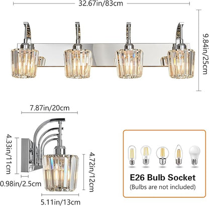 FDPBY Modern Bathroom Vanity Light, 4-Light Chrome Wall Sconce with Crystal Accents, Over Mirror Bathroom Lighting Fixture, 32.67" Long Dimmable Vanity Lamp for Makeup, Easy Installation