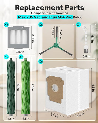 Leemone 23 Pcs Replacement Parts for iRobot Roomba Max 705 Vac & Plus 504 Vac Robot Vacuum, 705 Accessories Kit with 4 Main Roller Brushes, 6 Dust Bags, 6 Filters, 6 Side Brushes, 1 Cleaning Brush