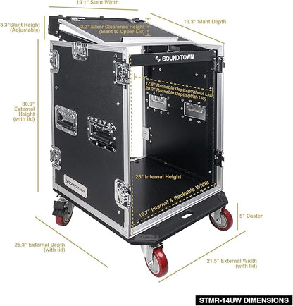 Sound Town Heavy-Duty 1/2" (12mm) 14U PA DJ Rack/Road Case with 11U Slant Mixer Top, 20’’ Rackable Depth and Casters, 14-Space ATA Case, Pro Tour Grade (STMR-14UW)