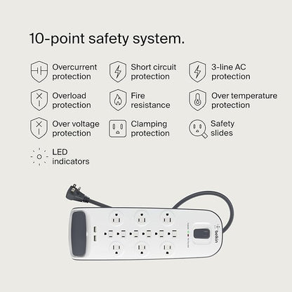 Belkin USB Power Strip Surge Protector - 12 AC Multiple Outlets & 2 USB Ports - 6 ft Long Flat Plug Extension Cord for Home, Office, Travel, Computer Desktop & Charging Brick - White (3,996 Joules)