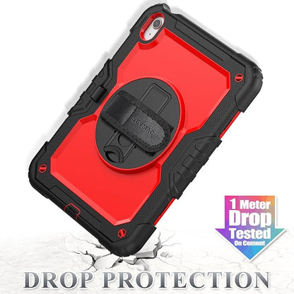 SEYMAC stock Case for iPad (A16) 11th/10th Generation 11''/10.9'' 2025/2022, Full-Body Drop Protection Case with Screen Protector &360° Rotate Hand Strap/Stand, Red+SiliconeBlack