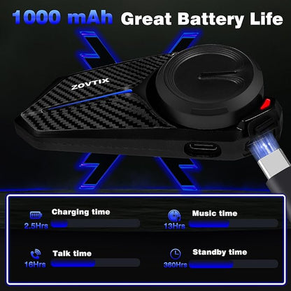 ZOVTIX Motorcycle Helmet Headset Support 8 Riders Group Intercom Communication System Speakers with Music Sharing/HiFi Sound/3 EQ Music Modes/Noise Cancellation/IP67/FM Radio/Wake up Siri - 1 Pack