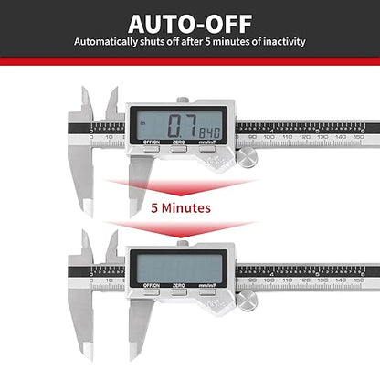 6" / 150 mm Stainless Steel Digital Caliper (IP54) & Stainless Steel Rule Set, Inch/Millimeter/Fraction Conversion, Splash-Proof Protection with Large LCD Display – Precision Measuring Tools