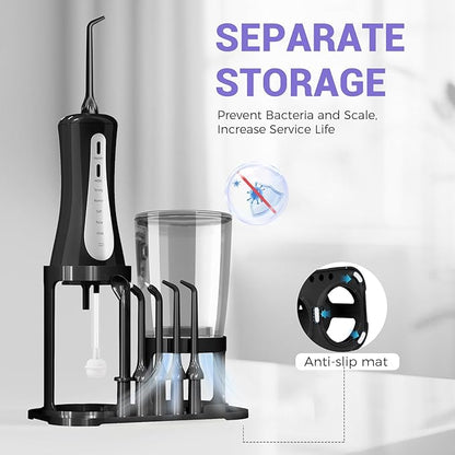 GOLDANT 350ML Water Flosser with Drainage & Storage Stand, Keeps Dry & Clean, 5 Modes, 360°Nozzle, Cordless Rechargeable, IPX7 Waterproof, Portable for Home & Travel (Black)