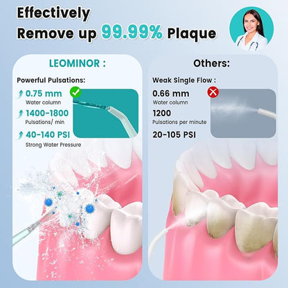 Leominor Water Dental Flosser Pick for Teeth, 300ML Portable Oral Irrigator Upgraded Tank Removable,IPX7 Waterproof, Rechargeable Travel Teeth Cleaner, Professional Electric Flossing (Green)