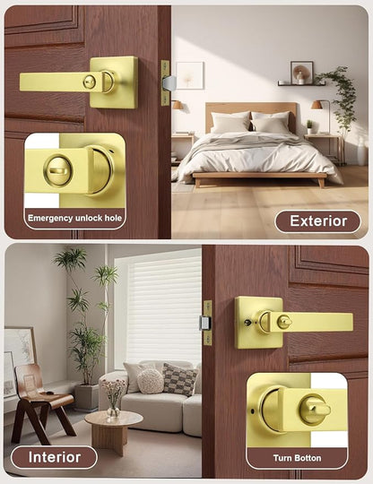 Mengico 8 Pack Gold Privacy Lever Door Handle Interior with Lock, Heavy Duty Square Door Lock for Bed/Bath, Keyless Door Locksets, Reversible for Left Right Handed Doors