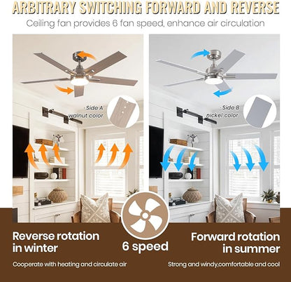 SODSEA Ceiling Fans with Lights, 52 inch Nickel Ceiling Fan with Light and Remote Control, Reversible, 3CCT, Dimmable, Noiseless, Small Ceiling Fan for Bedroom, Indoor/Outdoor Use